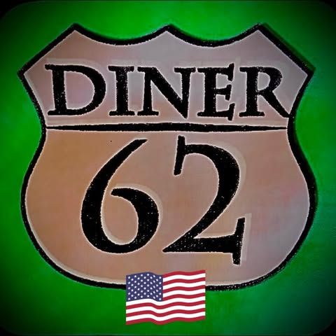 Diner 62 logo: a route-style highway shield reading DINER 62 on a green background, with a small American flag